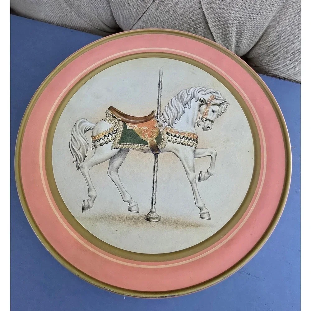 Vintage 1991 Carousel Horse Round Tin Biscuit Cookie Box Pink Decorative Storage